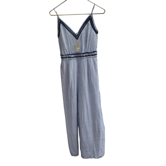 Japna Pants - JAPNA Jumper Jumpsuit Blue/White Palazzo Wide Leg Smocked Stripe Lined Rayon